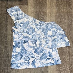 White House Black Market One Shoulder Blue Floral Top Blouse Small Petite